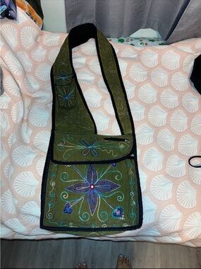 Embroidered Olive Green Floral Crossbody Bag